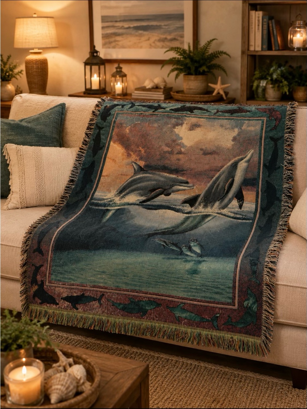 Vintage tapestry Dolphin Coastal Throw Blanket - Teal & Blue 54x48